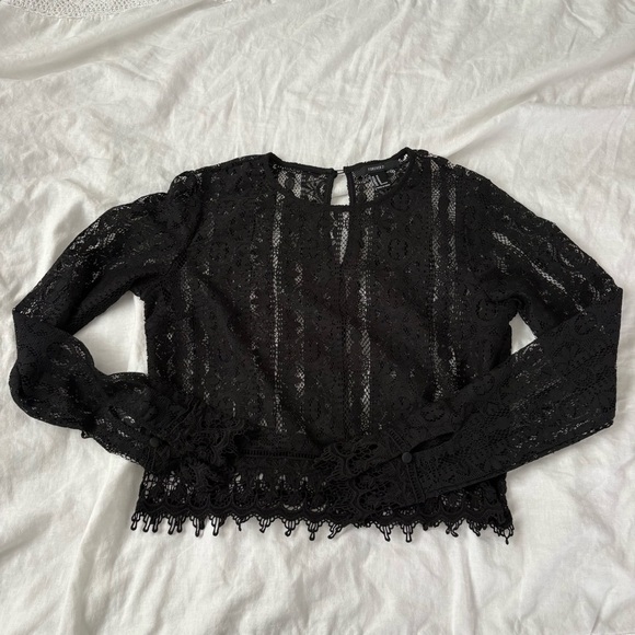 Forever 21 Tops - Forever 21 MEDIUM long sleeve black Lace Sheer Top cropped